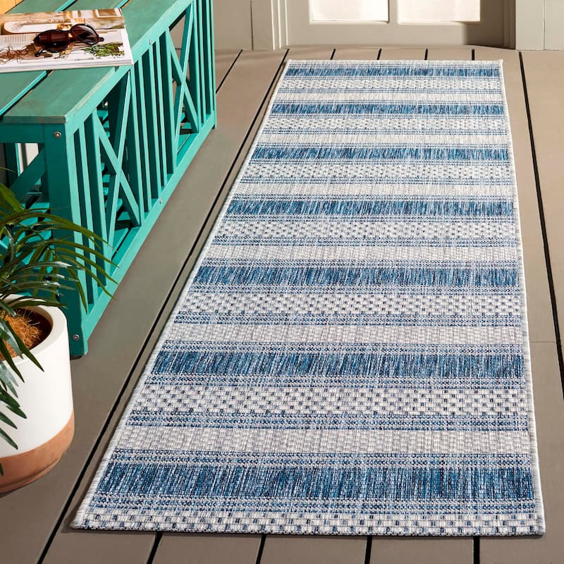 SAFAVIEH Courtyard Zainea Indoor/ Outdoor Waterproof Patio Backyard Rug - 2'3" x 8' Runner - Grey/Navy