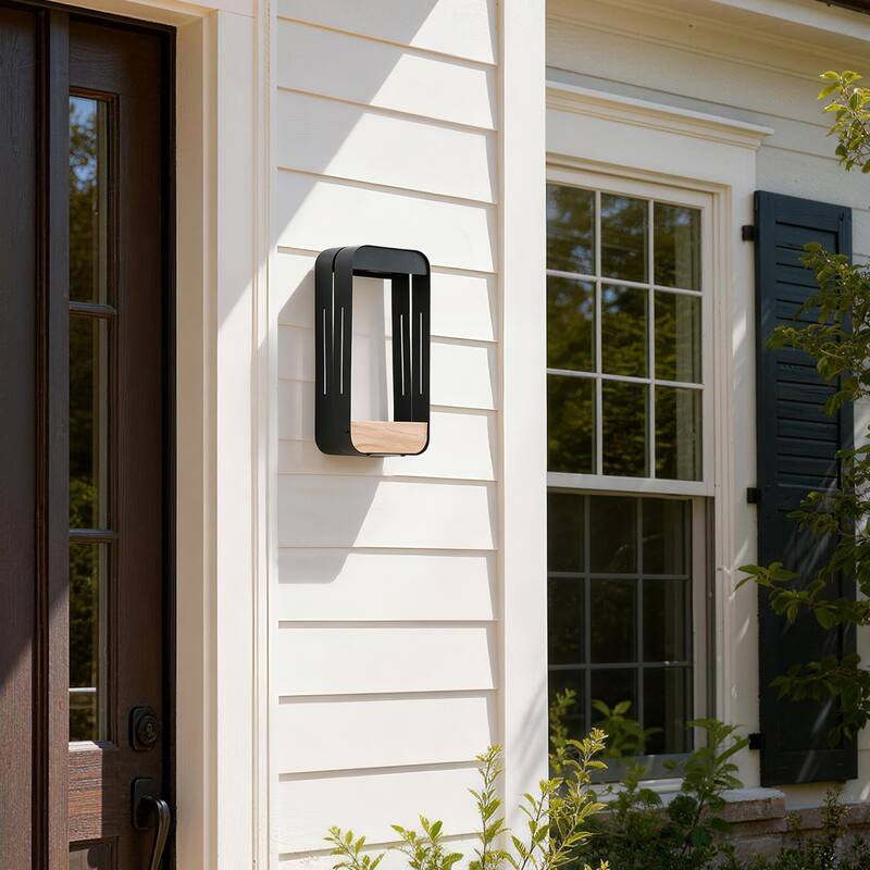 Outdoor Solar LED Wall Lantern Metal Wood-grain Shelf Sconce