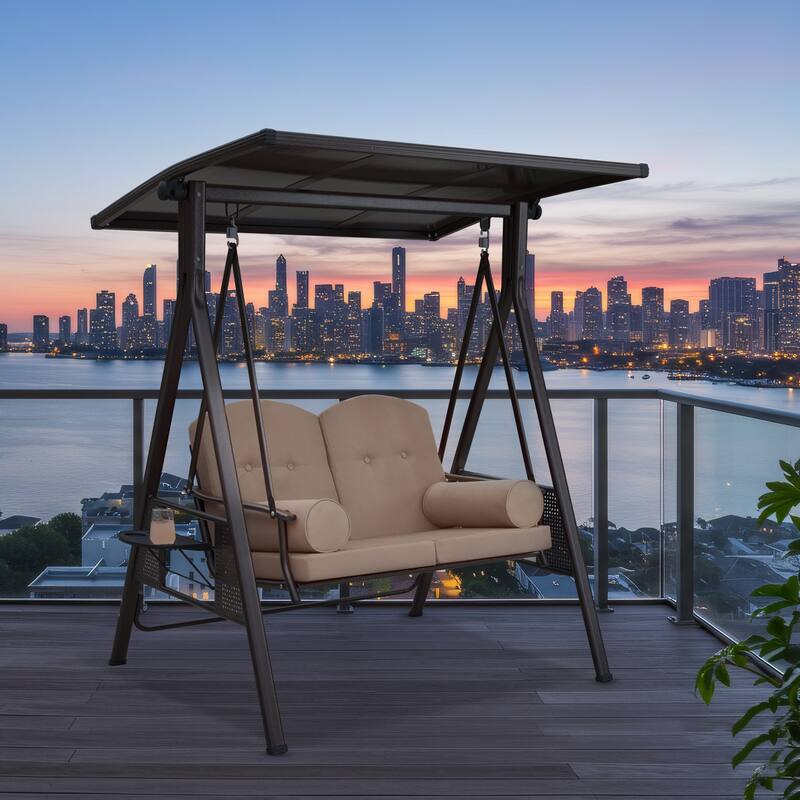 Outdoor 3-Seat Porch Swing with Adjustable Canopy & Cup Holder,Porch Swing Glider Chair, Heavy-Duty Steel Frame - Hardtop: 2-Seater - Khaki