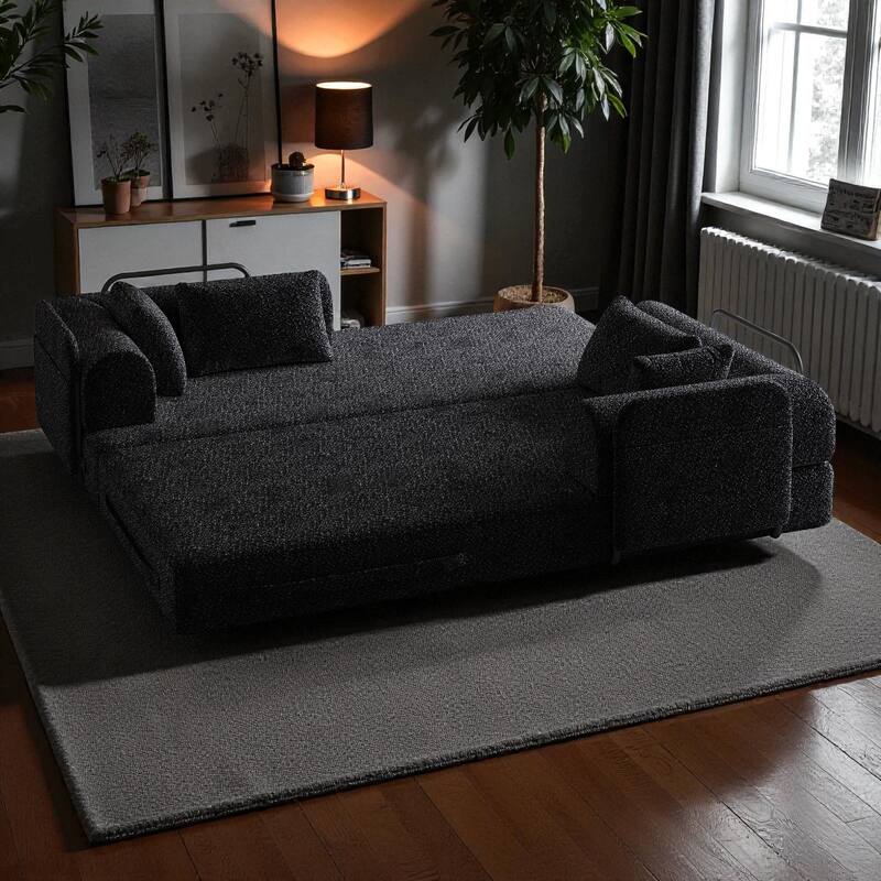 78.7" Convertible Sleeper Sofa Bed, Chenille Folding Mattress Couch with Side Pocket & Pillows, No-Assembly Floor Lounge Sofa