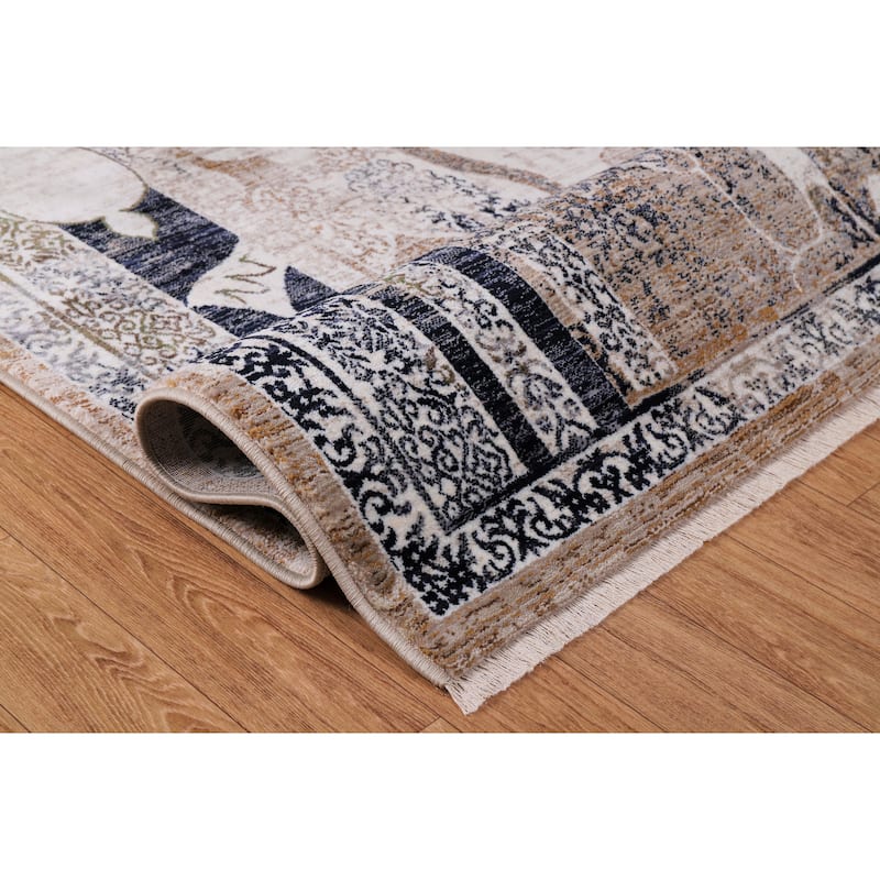Anna Collection Ivory, Black, Grey, and Tan Scrollwork Rug