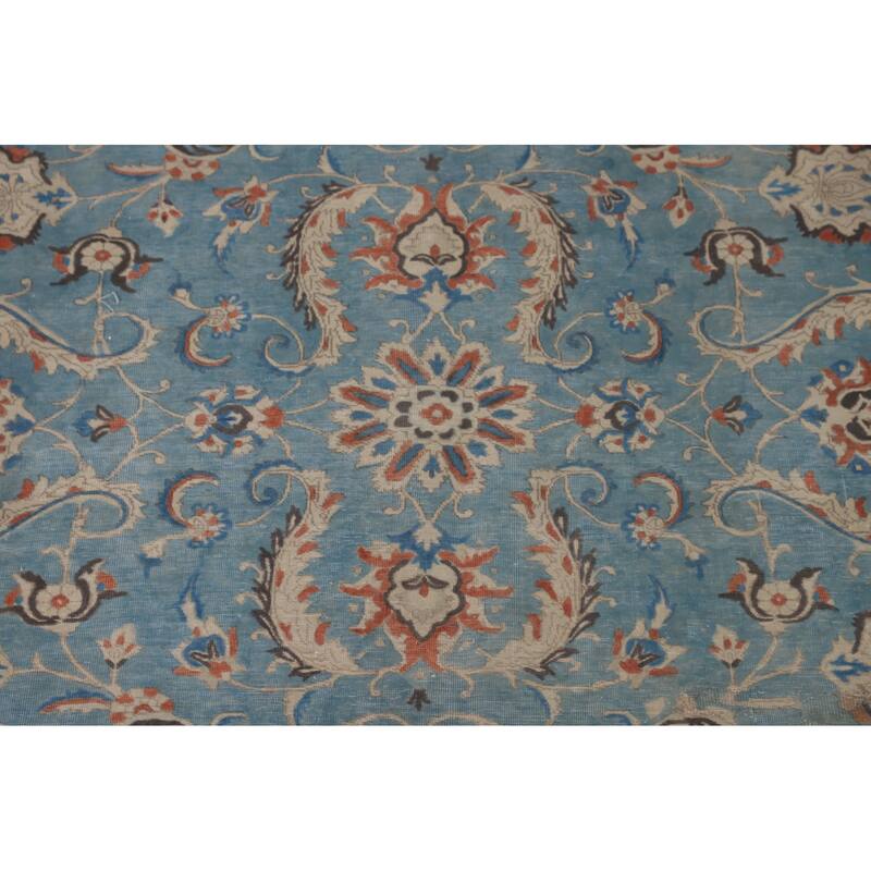 Over Dyed Blue Tabriz Persian Antique Area Rug Handmade Wool Carpet - 9'2"x 12'6"