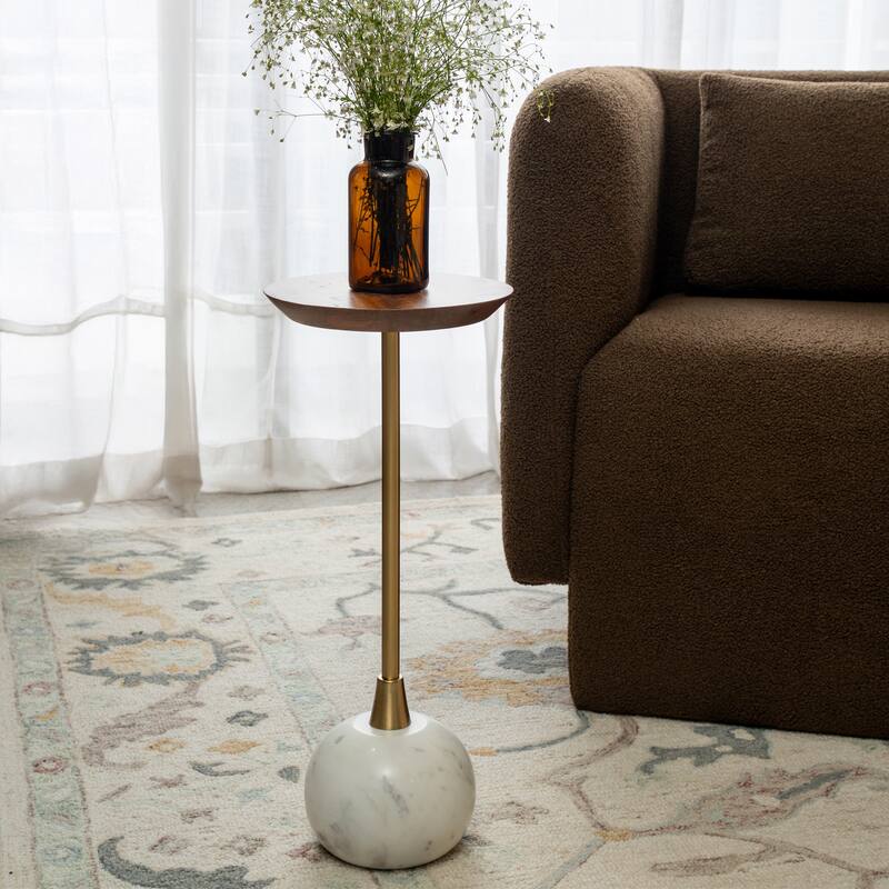 Pinon Modern Marble & Wood Round Drink Table, 10"W x 10"D x 22"H, by Sevita - Brown/White - Wood