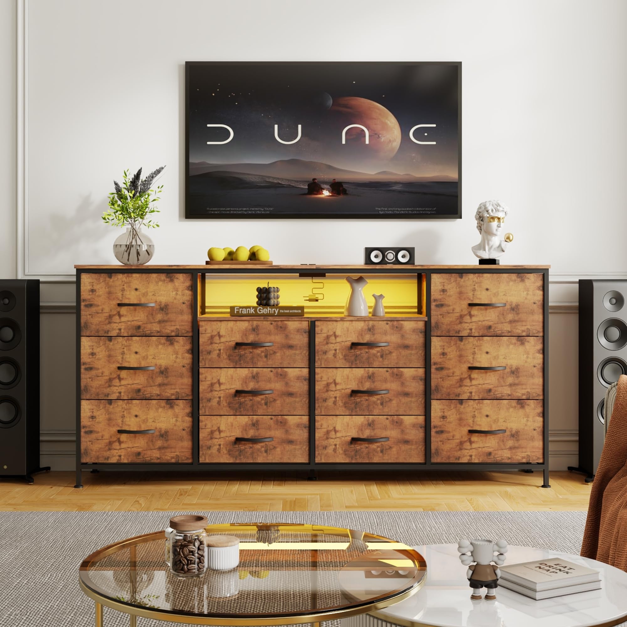 63" Dresser TV Stand with 12 Drawers for 65-75" TVs, Fabric Storage Chest with Charging Station & LED Lights