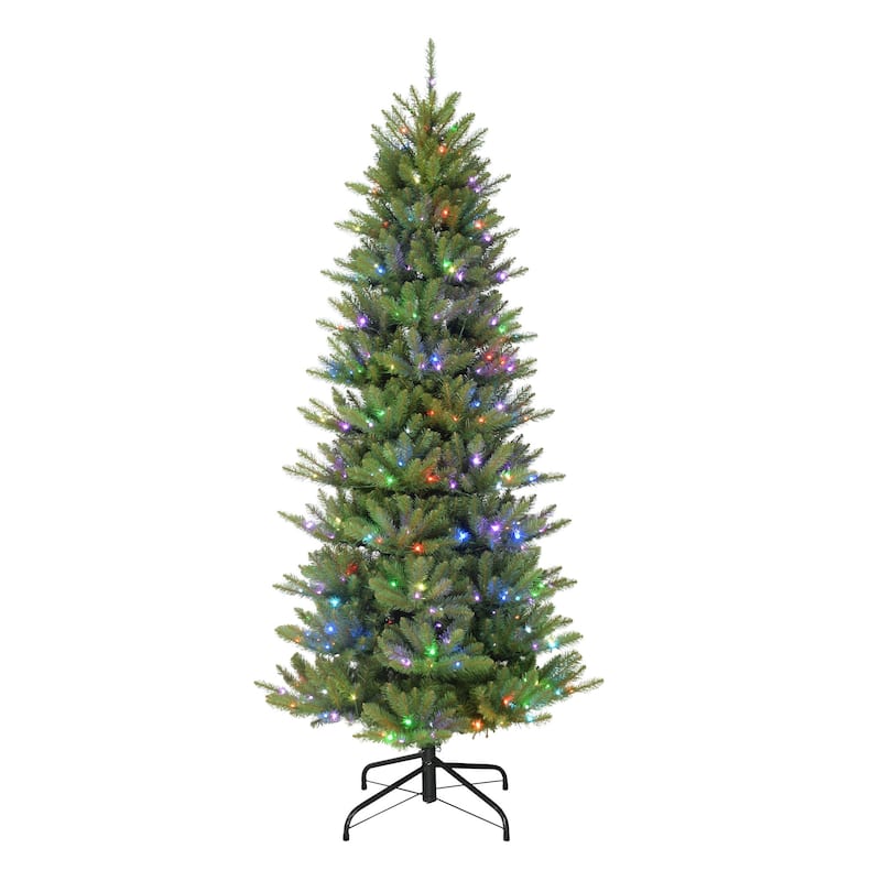 7.5' Slim Fraser Fir Artificial Christmas Tree, Multi-Color Lights - 7.5 Foot
