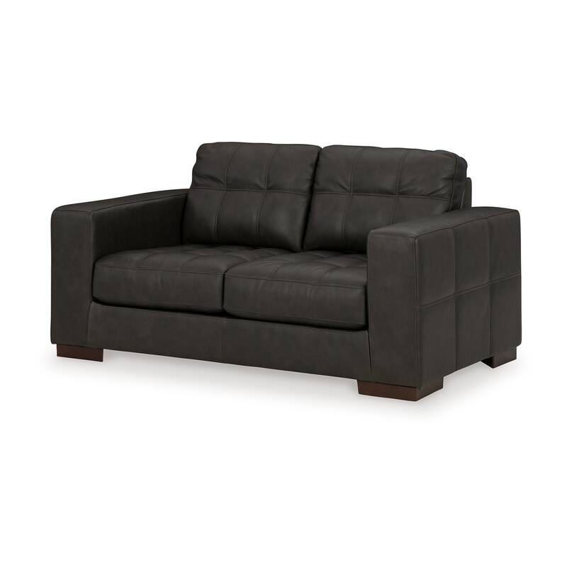 Lenie Loveseat, Block Stitched Dark Gray Real and Faux Leather 70 Inch