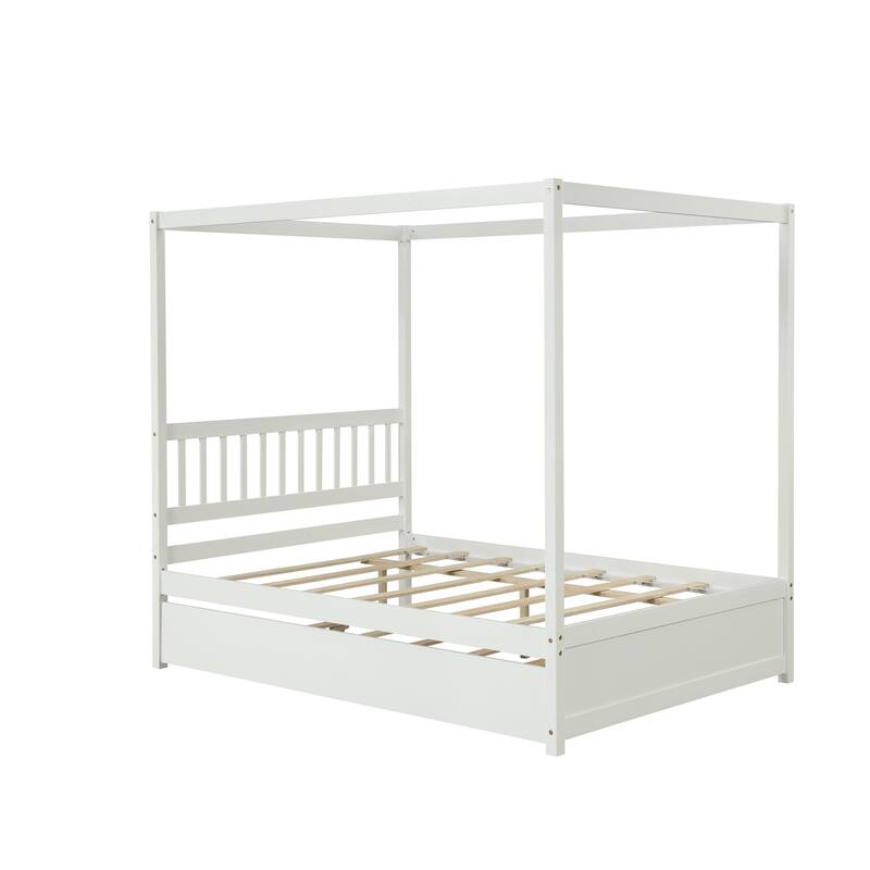 Full Size House Bed with Trundle and Slat Support, Solid Pine Wood Frame
