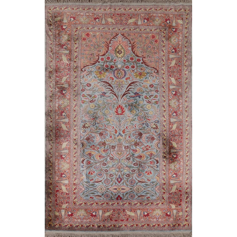 Hand Knotted Oriental Silk Carpet Traditional Floral Navy Blue & Blues Hereke Area Rug - 4' 10'' X 3' 3''