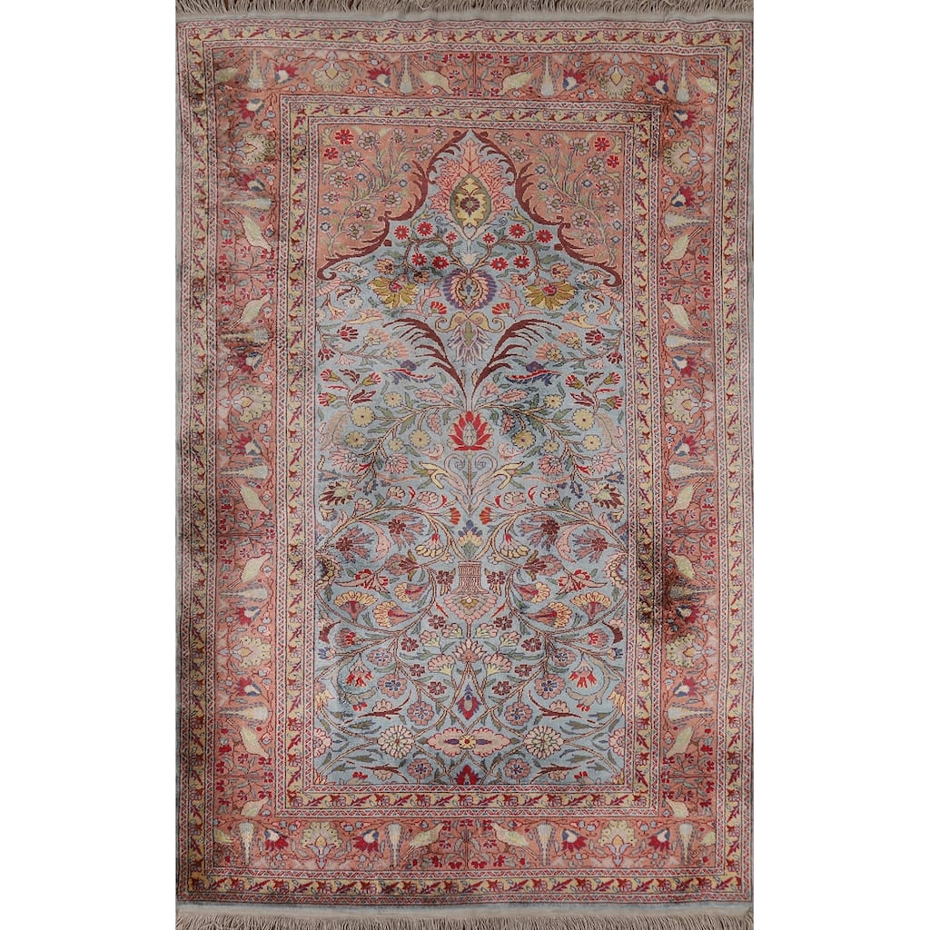 Hand Knotted Oriental Silk Carpet Traditional Floral Navy Blue & Blues Hereke Area Rug - 4' 10'' X 3' 3''