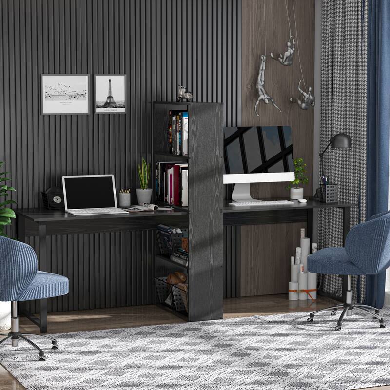 HOMCOM 88” Extra Long 2-Person Computer Desk w/ Bookshelf Combo Double Workstation Storage Unit Home Office