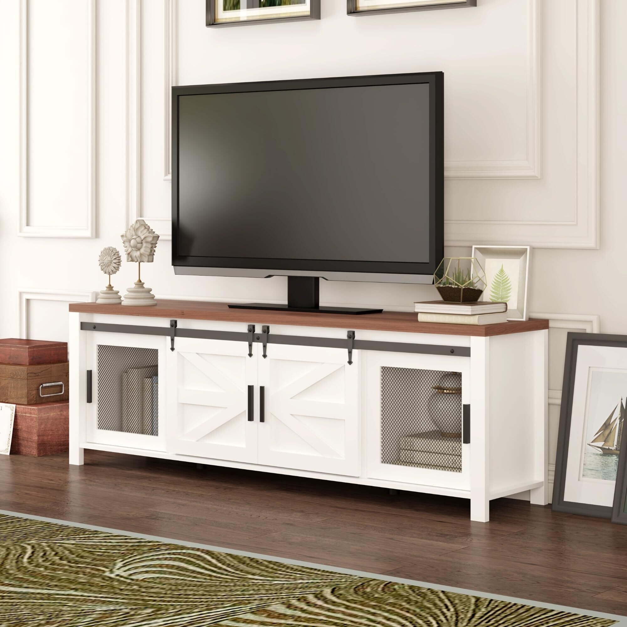 GARVEE Farmhouse Industrial TV Stand 55 65Inch with Sliding Barn Door Wood Rustic Media Console Storage Cabinet for Living Room Kitchen Dining
