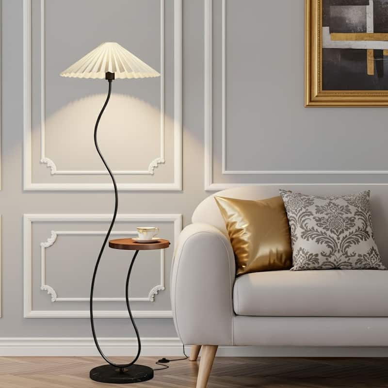 Modern Pleated Floor Lamp with Tray - Black