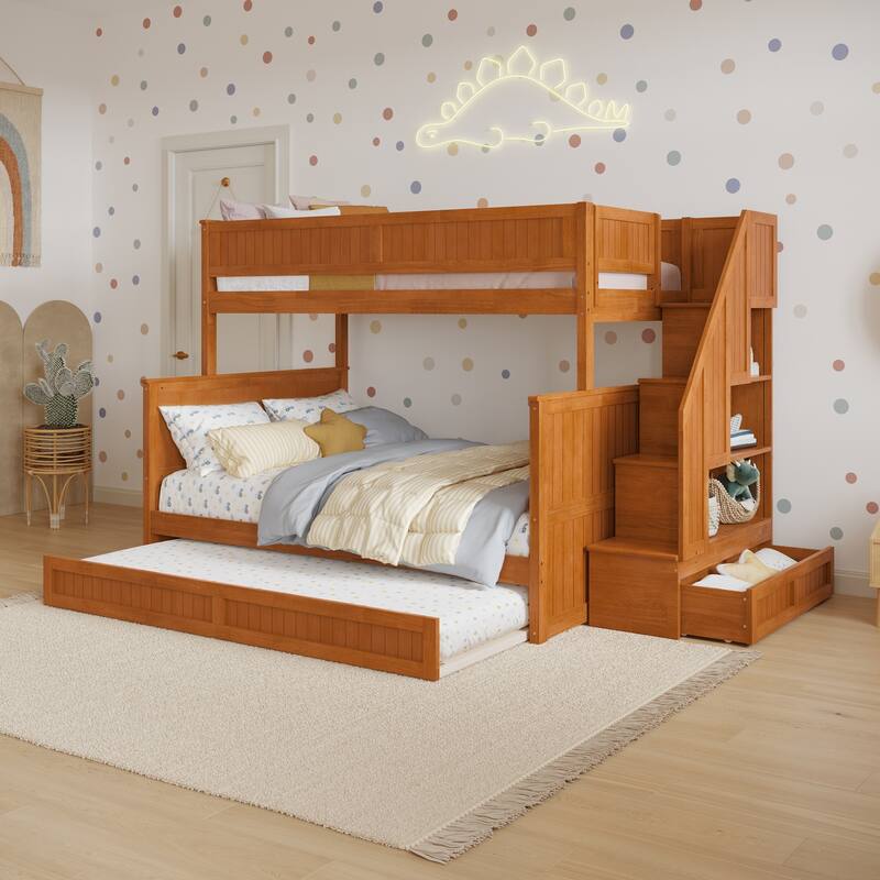 Twin Over Full Staircase Bunk Bed with Built-In Storage and Pull-Out Trundle - Light Toffee