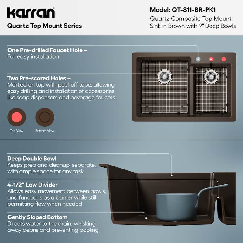 Karran 33" Top Mount Large/Small Bowl Quartz Kitchen Sink Kit - 33" x 22" x 9"