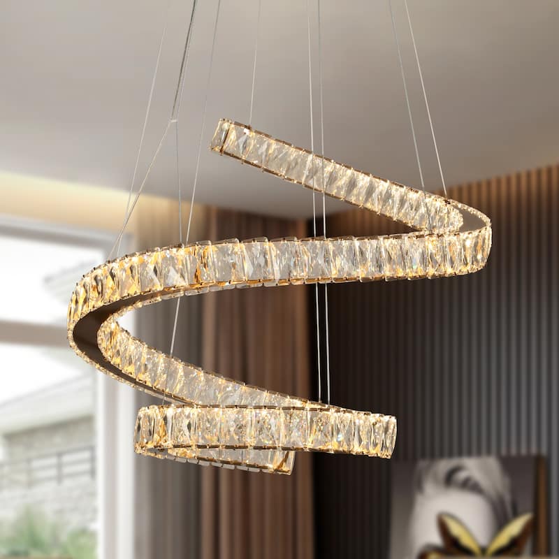 Modern 1-Light LED Crystal Ring Gold Chandelier for Living Dining Room - D23.6" x H62.8" Max