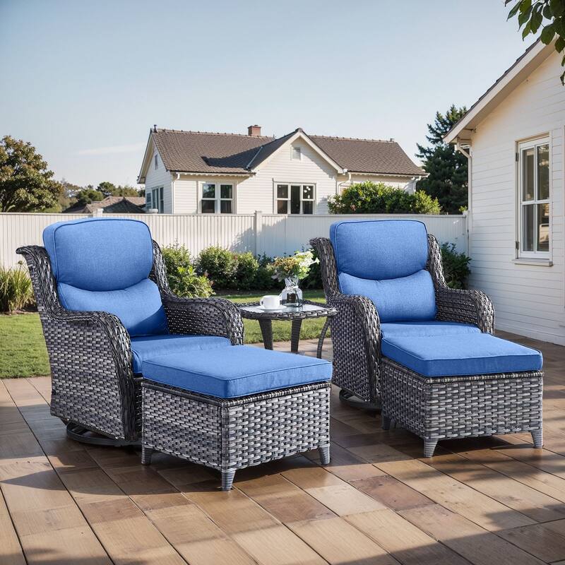 Outdoor Gliders Chairs Swivel Chair Set with 5-Inch Thick Cushions - Grey Rattan - Blue Cushion - 5PCS Swivel Chairs Table with Ottoman