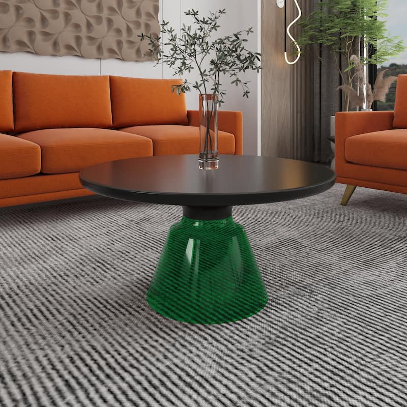 30-Inch Round Coffee Table Glass/Stone Tabletop with Black Iron Rim Frame Glass Pedestal Base