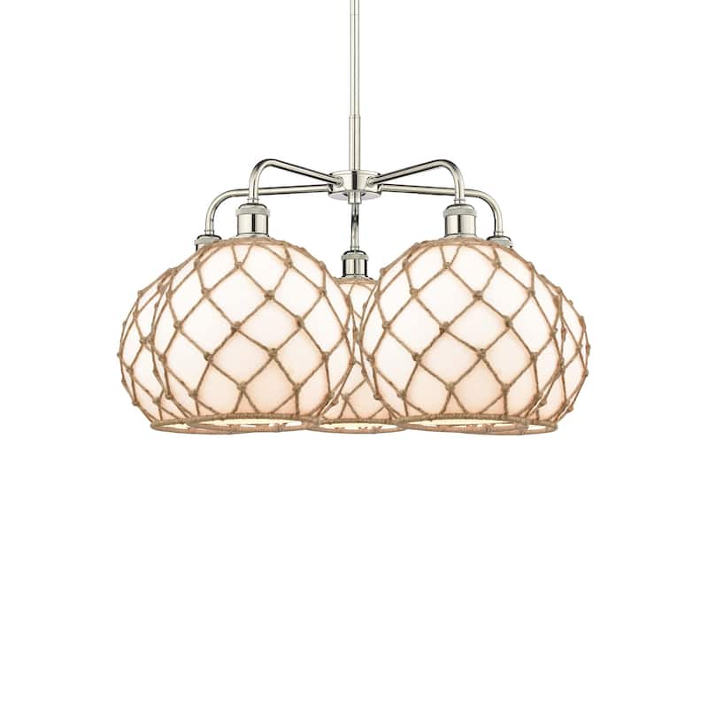 Innovations Lighting 516-5CR-18-29 Farmhouse Rope Chandelier Farmhouse - Polished Nickel / White Glass with Brown Rope
