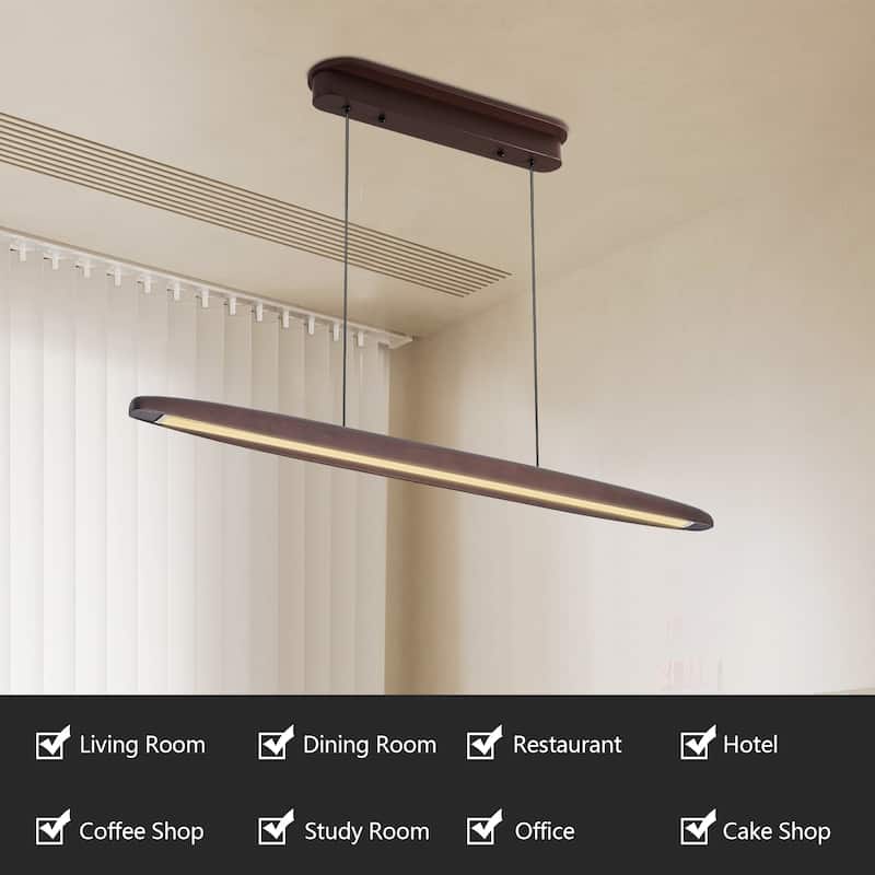 39" Streamline Wooden LED Pendant Light with Remote Control, Adjustable Hanging Light