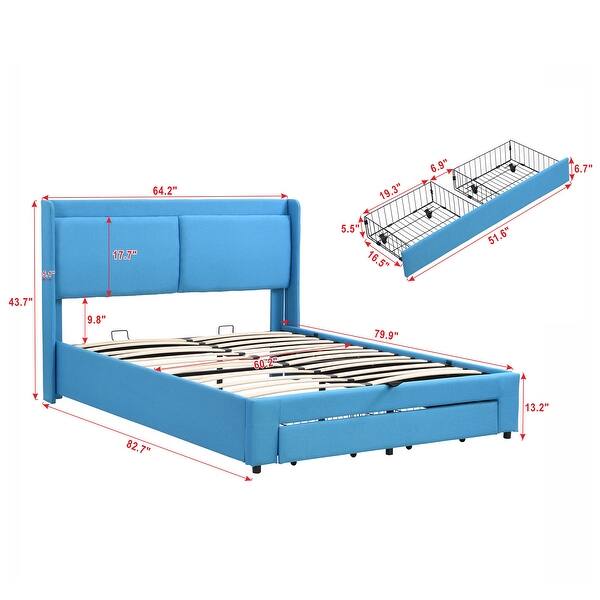 dimension image slide 1 of 3, Modern Queen Size Upholstered Hydraulic Platform Bed with 2 Drawers - Large Storage Space, Metal Construction