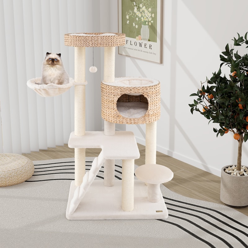 Modern Cat Tree for Indoor Cats with Cattail Fluff Condo and Top Perch - 28" x 20"