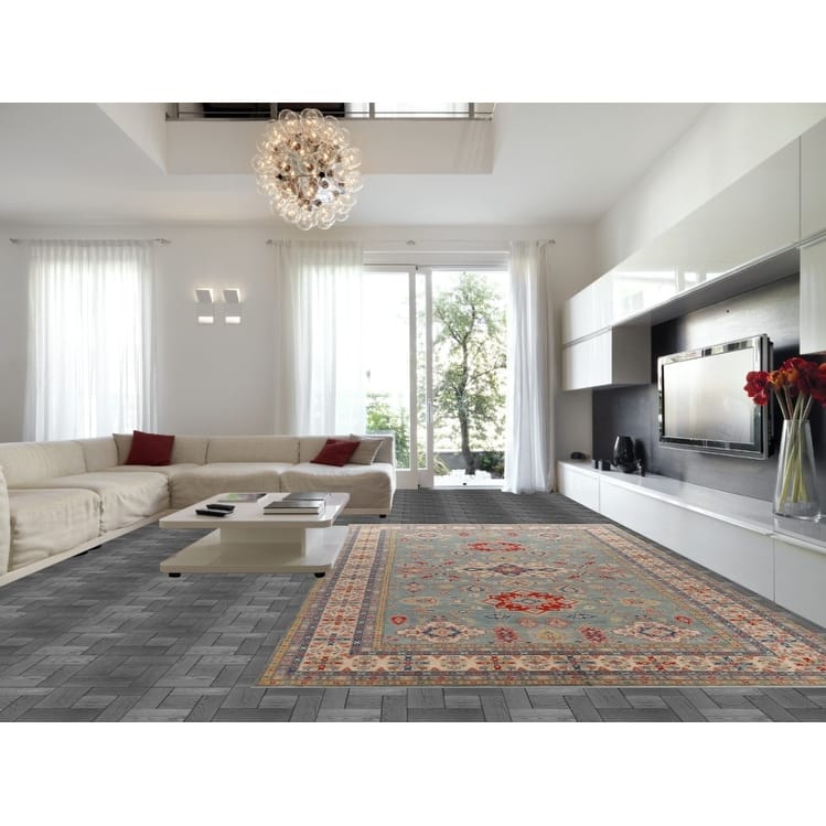 Hand Knotted Oriental 100% Wool Carpet Traditional Geometric Navy Blue & Blues Kazak Area Rug - 16' 6'' X 9' 7''