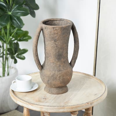 Dark Brown Ceramic Handmade Textured Amphora Decorative Vase with Two Long Handles