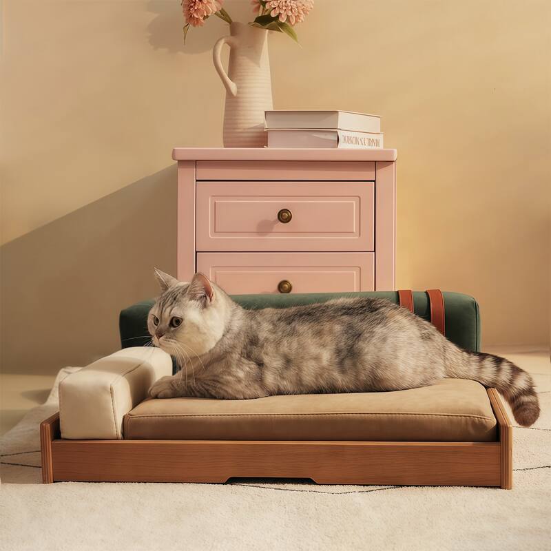 Modern Wooden Pet Bed for Cats & Dogs, Oak Veneer, Scratch-Resistant Fabric, Removable Cushion