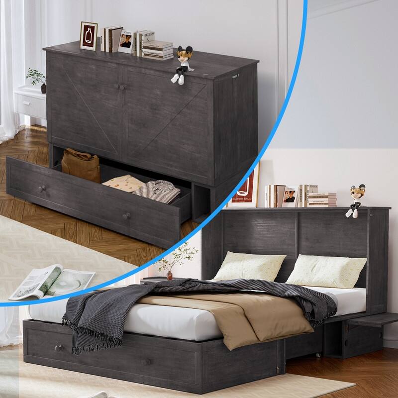 Mixoy Murphy Bed,Cabinet Chest Bed with Charging Station&Storage - Grey - Queen