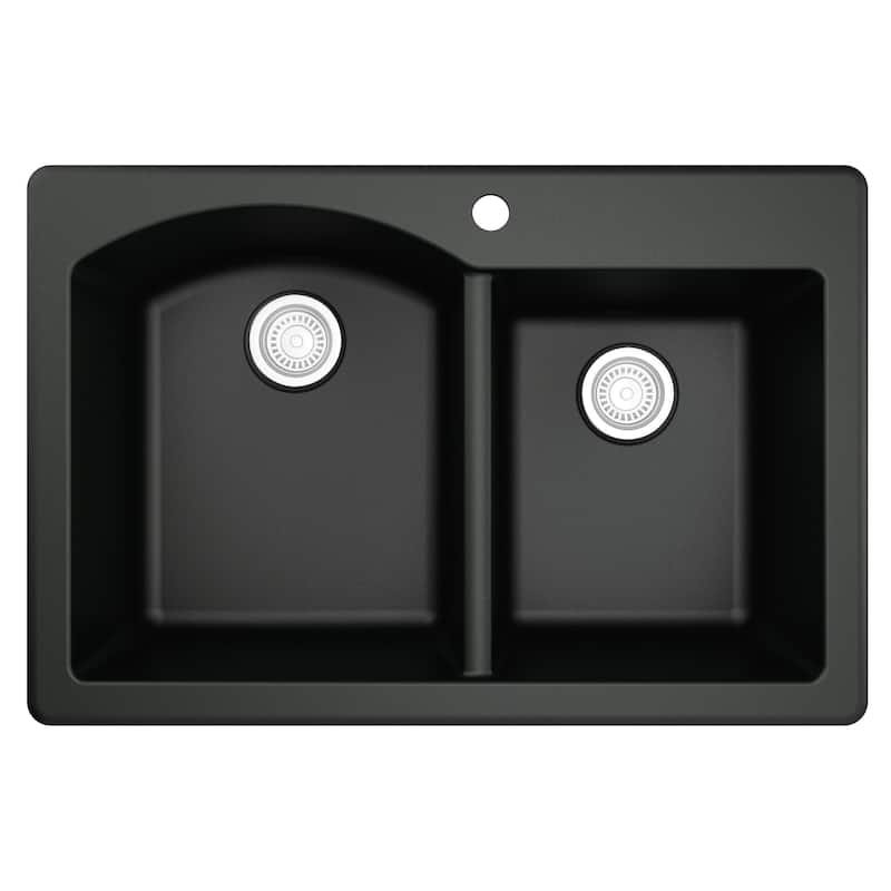 Top Mount 33-inch Large/Small Bowl Quartz Kitchen Sink - 33" x 22" x 9" - Black
