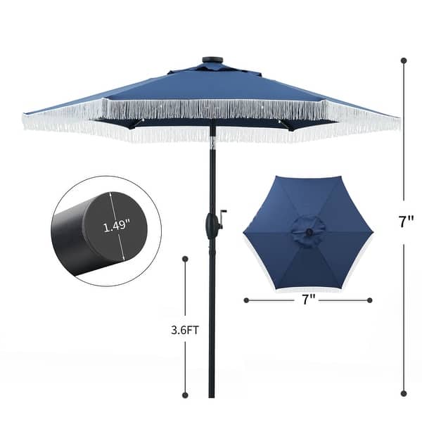 dimension image slide 3 of 4, Ainfox 7FT Outdoor Patio Umbrella with Tilt Fringe Tassel Umbrella with LED Solar Lights