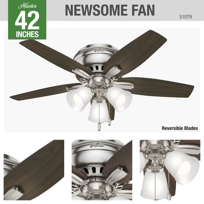 Hunter 42" Newsome Flush Mount Ceiling Fan w/ 3-Light LED Light Kit and Pull Chain - Transitional, Casual - Low Profile!