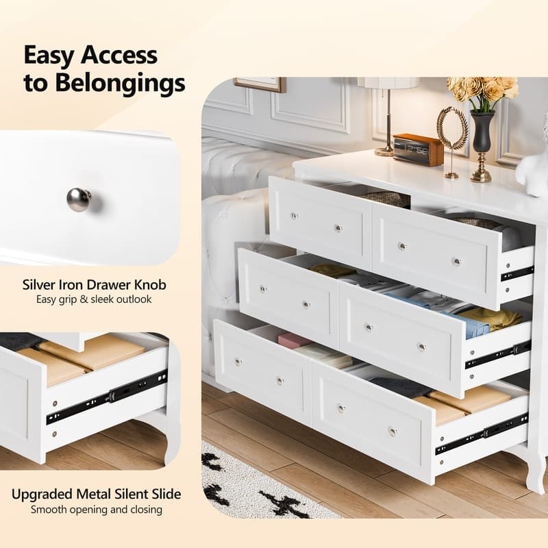 White P2 Density Board Painted 47.2in 6-Drawer French Curved Legs