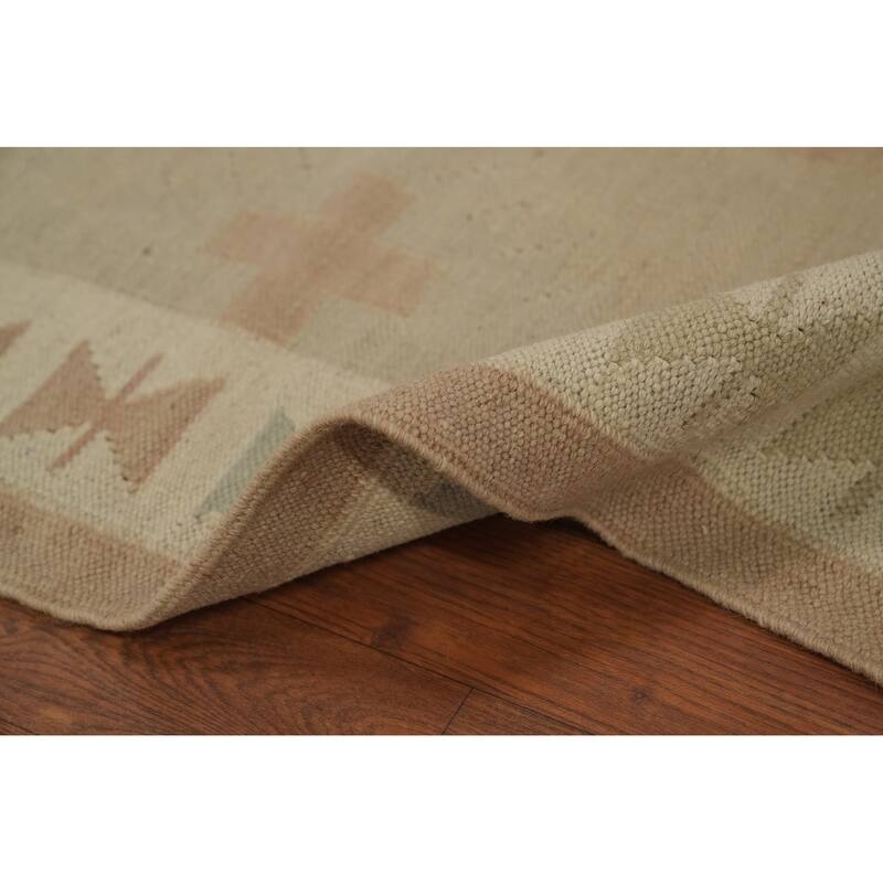 Hand Woven Oriental 100% Wool Carpet Southwestern Tribal Beige & Ivories Kilim Area Rug - 10' 0'' X 6' 4''