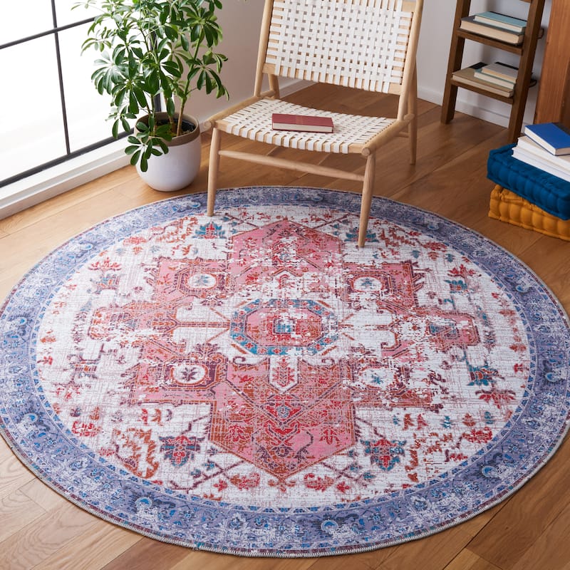 SAFAVIEH Serapi Machine Washable Nealie Shabby Chic Distressed Rug - 6'7" Round - Rust/Blue