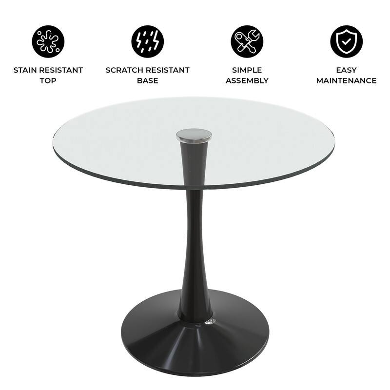 Bristol Round Dining Table with Glass Top and Steel Pedestal Base for Kitchen and Dining Room