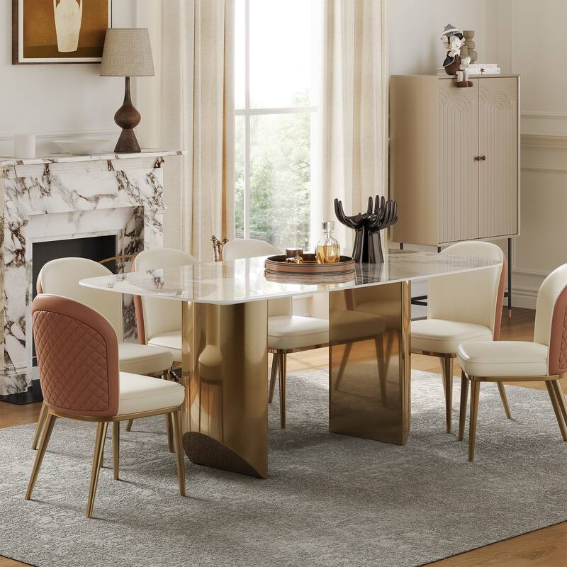 White Rectangular Sintered Stone Dining Table with Double Pedestals