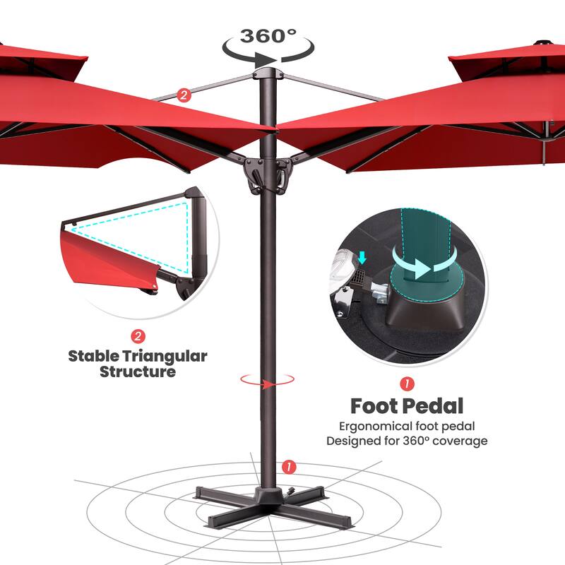9 x 12 ft Double Top Patio Cantilever Umbrella with Base, 360-degree Rotation