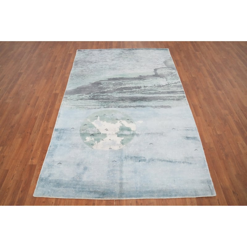 Hand Knotted Oriental Viscose Silk Carpet Modern Pictorial Multi-Colored Abstract Area Rug - 7' 10'' X 5' 1''