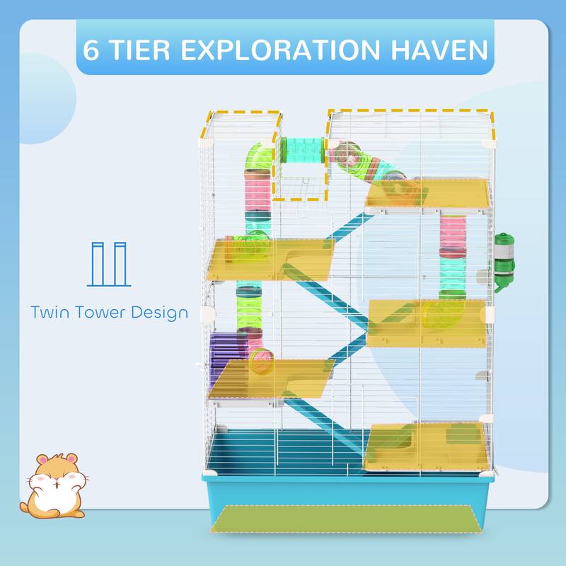 PawHut Hamster Cage, 6 Tier Small Animal Cage with Tubes and Tunnels, 32" DIY Design Large Hamster Cage with Hut, Light Blue
