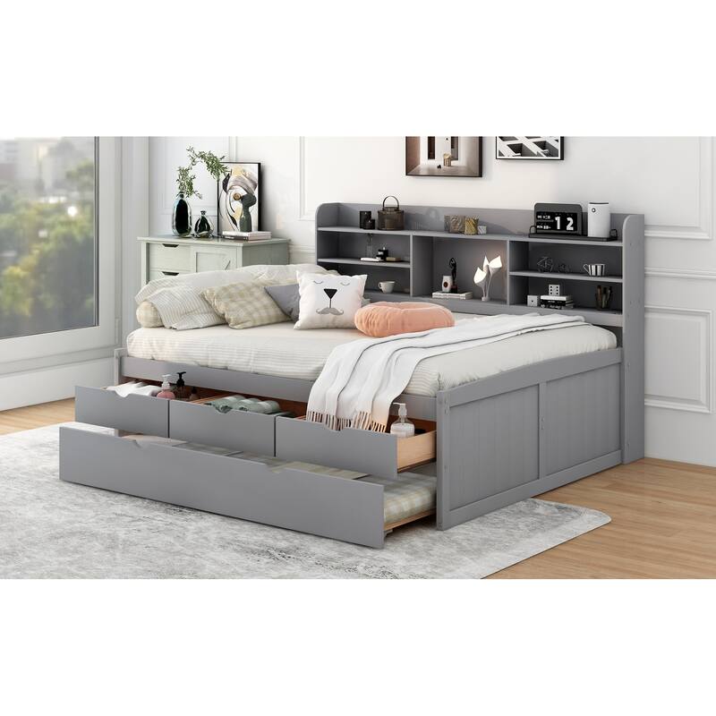 Light Grey Full Size Wooden Captain Platform Bed with Built-in Bookshelves, Three Storage Drawers and Trundle