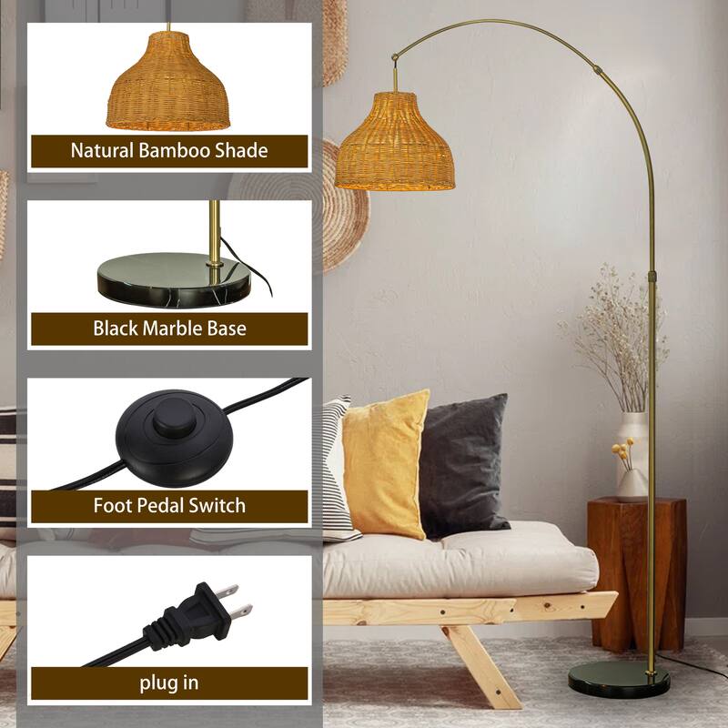 75" 1-Light Arc Floor Lamp with Brown Rattan Shade and Marble Base