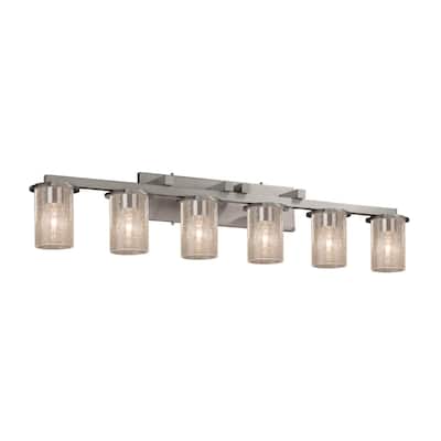 Justice Design Fusion Dakota 6-Light Brushed Nickel Bath Bar, Seeded Cylinder w/ Flat Rim Shade