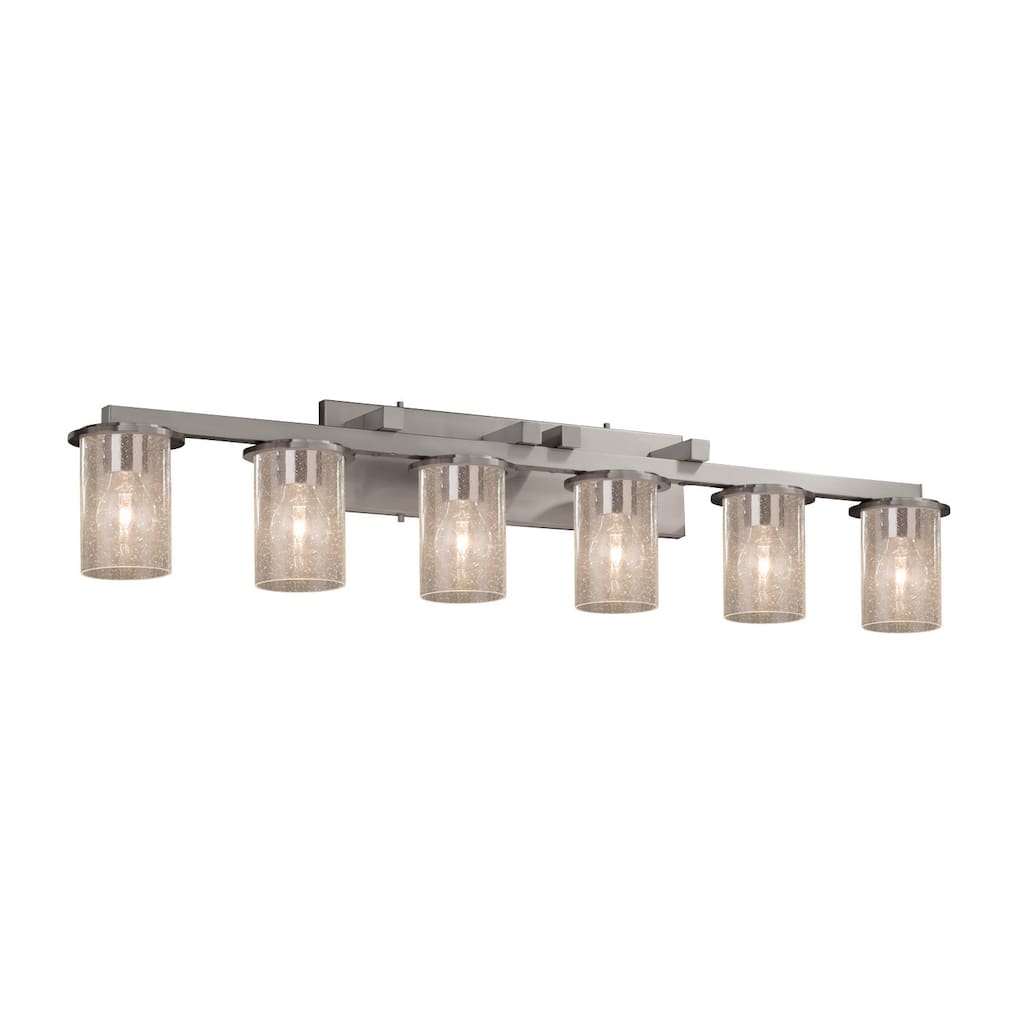 Justice Design Fusion Dakota 6-Light Brushed Nickel Bath Bar, Seeded Cylinder w/ Flat Rim Shade