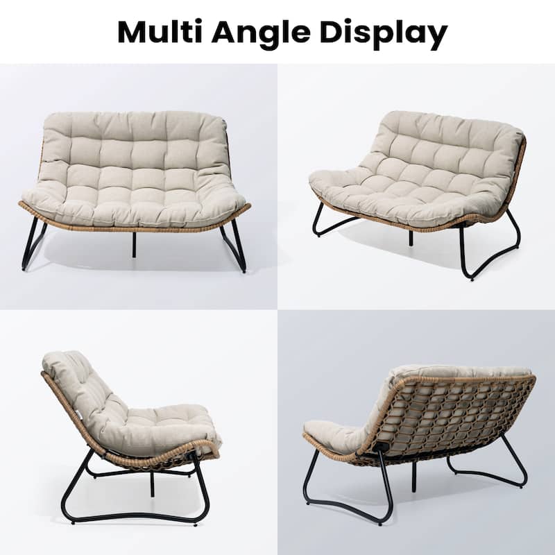 Double Papasan PE Rattan Chair Loveseat with Cushion For Indoor Outdoor