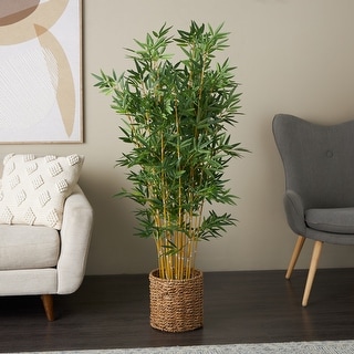 Green Faux Foliage Indoor Outdoor Artificial Tree with Realistic Leaves and Brown Seagrass Pot