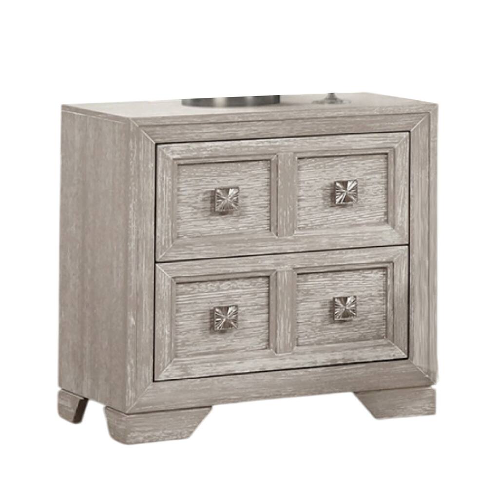 Diaz Nightstand with 2 Drawers, Sunburst Design Front, Light Gray Wood