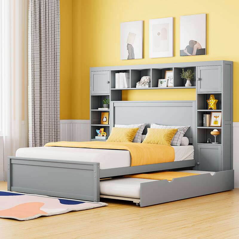 Platform Bed with Trundle Bed, Sockets & 2 Storage Drawers Underneath, Full Size Gray Bed Frame w/ All-in-One Cabinet & Shelf