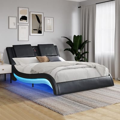 Platform Bed Frame with Led Lighting,Bluetooth Connection to Play Music,Backrest Vibration Massage