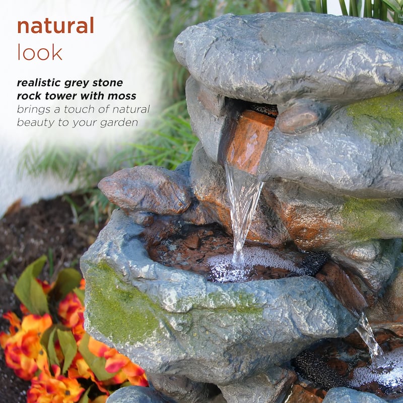 Alpine Corporation - Outdoor 3-Tier Rock Waterfall Fountain with LED Lights for Garden, Patio, Yard, and Porch Decor